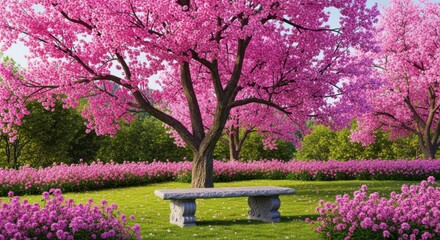 Naklejka premium Serene Garden Scene With Blooming Cherry Blossom Trees