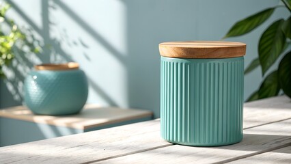 A teal ceramic jar with a natural wooden lid sits on a light wooden table, bathed in sunlight with distinct shadows.