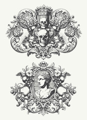 Hand drawn vector retro victorian ornaments set. engraving illustration of Floral decorative vector elements set, rococo and baroque style, vintage royal details