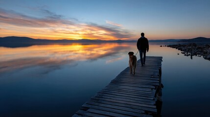 Fototapeta premium A man and his dog walk across a dock by a lake