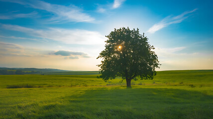 Fototapeta premium Serene Sunset Landscape Solitary Tree in Vibrant Green Field