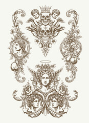Hand drawn vector retro victorian ornaments set. engraving illustration of Floral decorative vector elements set, rococo and baroque style, vintage royal details