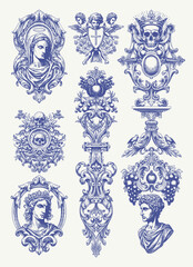 Hand drawn vector retro victorian ornaments set. engraving illustration of Floral decorative vector elements set, rococo and baroque style, vintage royal details