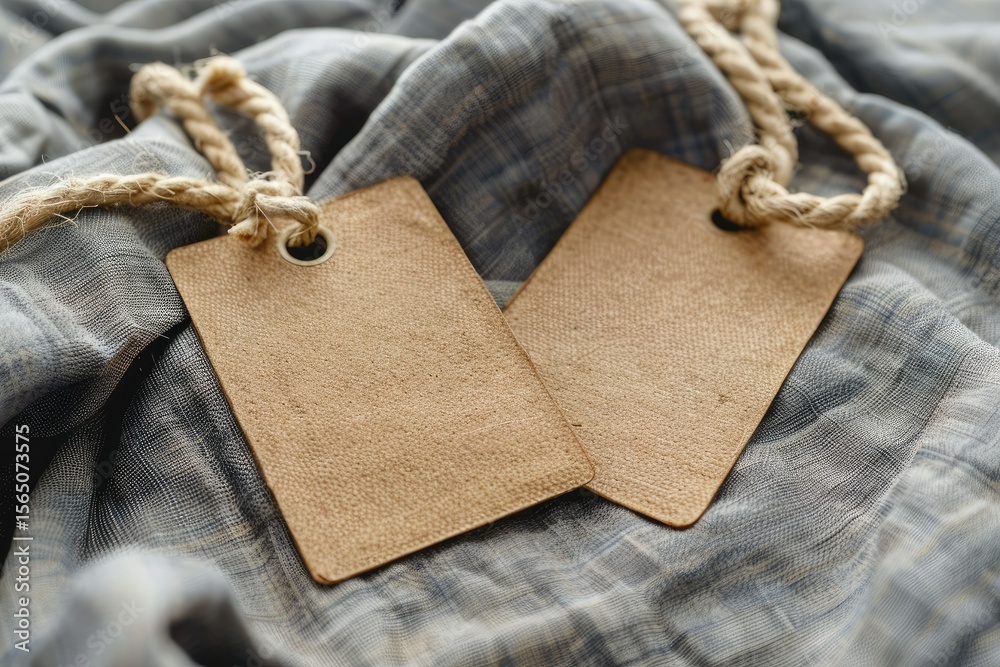 Fototapete Two Rectangular Tags with a Rope on a Gray Fabric Empty Label Mockup Template to Place Your Design