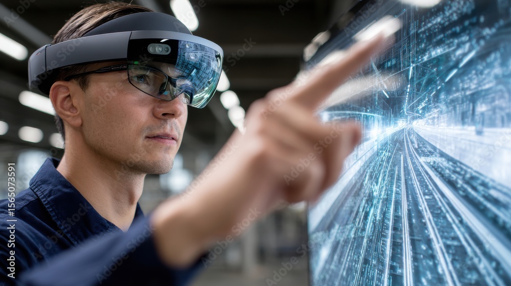Poster a man wearing a virtual reality headset is pointing at a screen