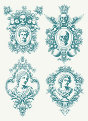 Hand drawn vector retro victorian ornaments set. engraving illustration of Floral decorative vector elements set, rococo and baroque style, vintage royal details