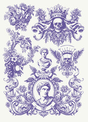 engraving illustration of victorian, rococo, baroque style elements. book cover, social media, t shirt design application