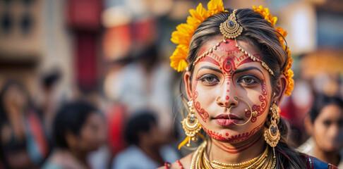 Indian woman Navratri festival makeup. Traditional Hindu celebration face paint. Gold jewelry marigold flowers. Cultural portrait.
