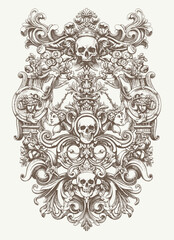 engraving illustration of victorian, rococo, baroque style elements. book cover, social media, t shirt design application