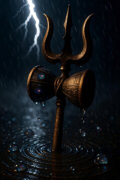 Shiva&rsquo;s Trishul and Damru in Stormy Rain with Lightning
A dramatic and symbolic digital artwork of Lord Shiva's Trishul and Damru standing upright amidst stormy rain and lightning.