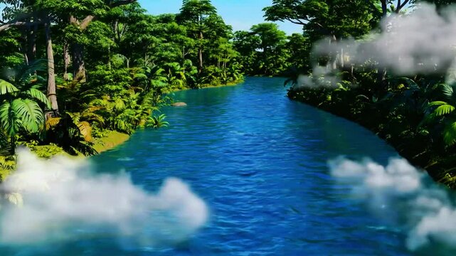 Sungai berkelok di kawasan hutan hujan, bayangan awan bergerak di atas permukaan, Realistis, 3D look (cinematic), Statis (kamera diam), Smooth (gerakan tidak tersendat), 4K resolusi, Loopable seamless