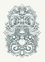 engraving illustration of victorian, rococo, baroque style elements. book cover, social media, t shirt design application