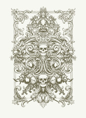 engraving illustration of victorian, rococo, baroque style elements. book cover, social media, t shirt design application