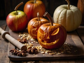 Carved Apple Jack-o’-Lanterns on Skewers – Rustic Halloween Treat Flat Lay