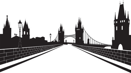 Fototapeta premium Dramatic Cityscape Silhouette with Perspective Bridge and Towers