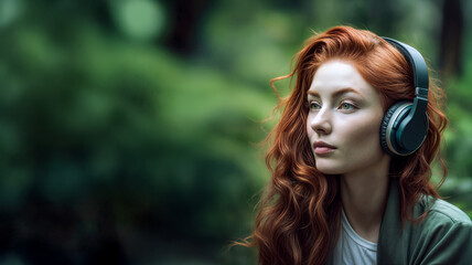Young redhead woman listening music outdoors. Caucasian female wearing headphones. Audio technology lifestyle. Natural background portrait