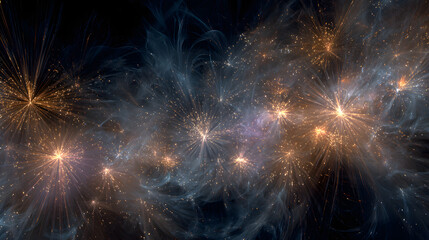 Abstract image depicting multiple radiant bursts of light and smoke, resembling fireworks or celestial phenomena against a dark background.