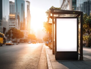Empty Blank Billboard At Urban Bus Stop During Sunset In A City