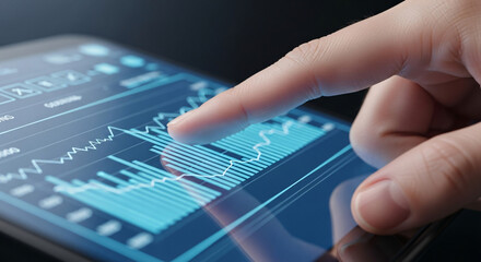 Close up of a finger interacting with a financial data chart on a digital device