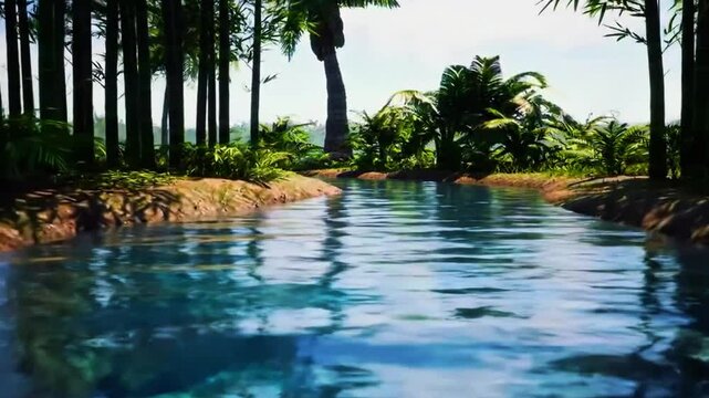Sungai kecil berkelok di cagar alam tropis, pepohonan bambu statis, air merekah damai, Realistis, 3D look (cinematic), Statis (kamera diam), Smooth (gerakan tidak tersendat), 4K resolusi, Loopable