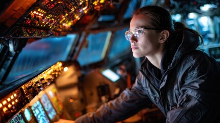 A woman in a pilot's seat is looking out the window