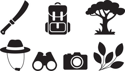  Hiking and Photography Essentials: Backpack, Binoculars, and Camera Silhouettes for Outdoor Enthusiasts