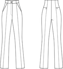 Women’s high waist bootcut pants flat sketch with button waistband, front pockets, back yoke detail, technical fashion vector illustration