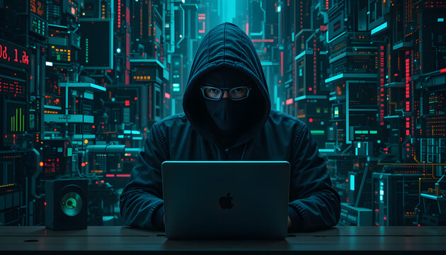 Anonymous hacker wearing hoodie with technology and circuit background.