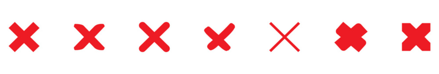 Red cross mark in various style. Hand brush X marks, cancel, wrong, and close icon element vector illustration. Marker grunge sketch style cross symbols and reject checkboxes collection. EPS 10