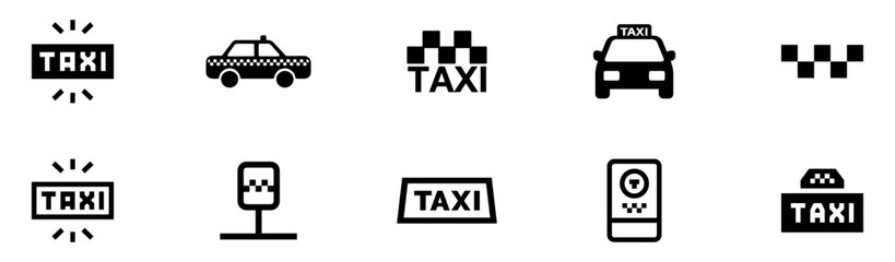 Taxi icon set. Taxi service icon set. Taxi car map pin mark. Black signs of taxi stop place. Vector Illustration. ESP 10 © Jeremy_Show