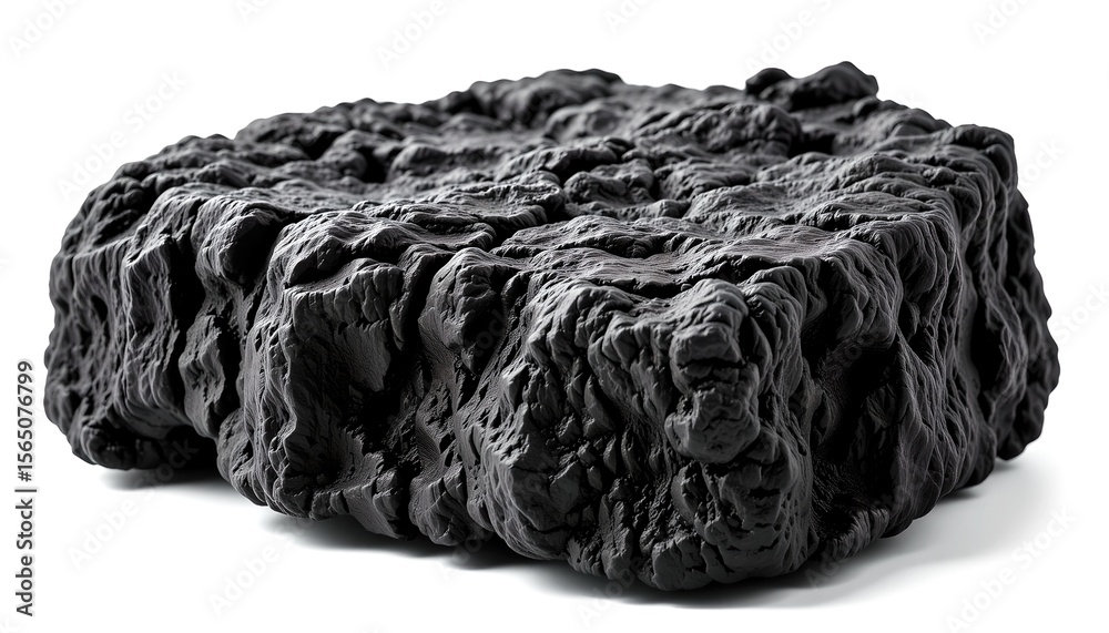 Poster an isolated rough black rock, showcasing its unique texture. The object is detailed and intriguing, with an abstract appearance
