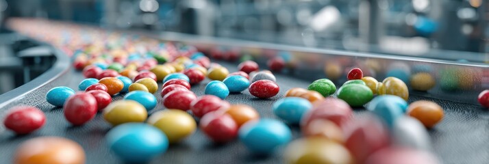 Colorful candy pieces move along a conveyor belt in a factory during production