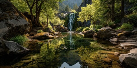 Stunning waterfall cascades into serene pool surrounded by lush greenery in the early morning light