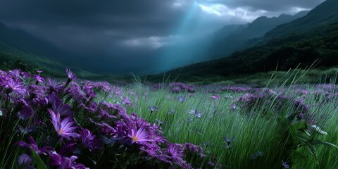 Vibrant purple flowers bloom in a lush valley under dramatic stormy skies during twilight hours