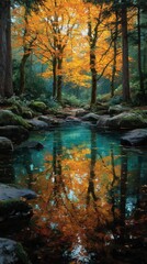 Golden autumn leaves reflect in a tranquil forest stream surrounded by mossy rocks and lush greenery in early morning sunlight