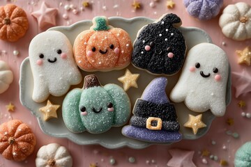 Cute Halloween Cookies with Ghost, Pumpkin, and Witch Designs on Pastel Background