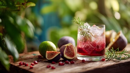 Artful Composition of a Chilled Refreshing Drink with Freshly Sliced Fruits in a Serene Natural Setting