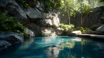 A detailed depiction of a natural oasis pool blending cool blue waters with rugged rock textures under gentle sunlight for a peaceful retreat