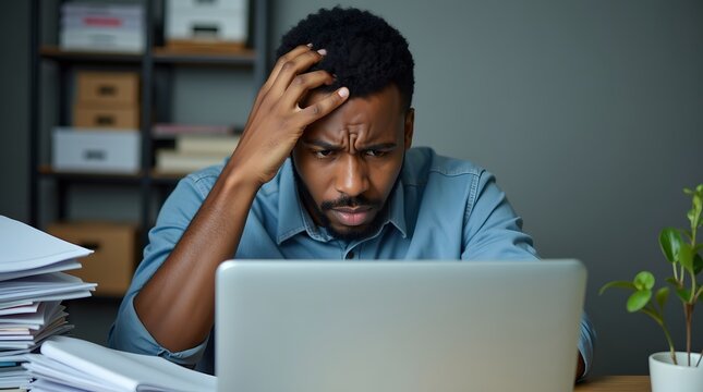 Frustrated man in a blue shirt, visibly stressed while working on a laptop at a cluttered desk filled with paperwork.