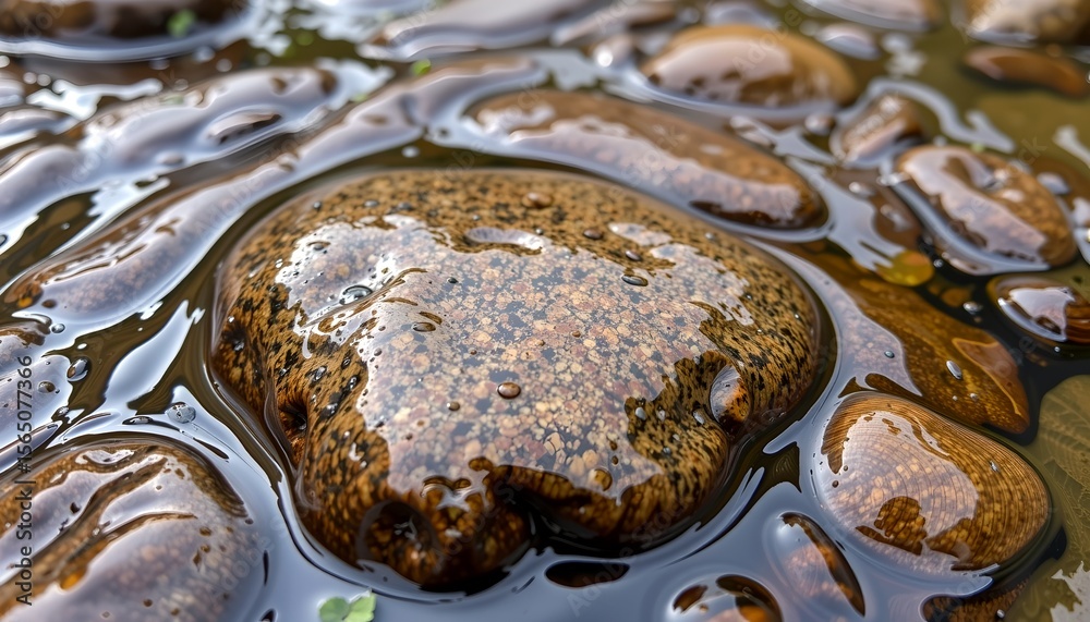 Poster an eye-level shot of several dark brown stones submerged in water, appearing shiny and wet. the ston