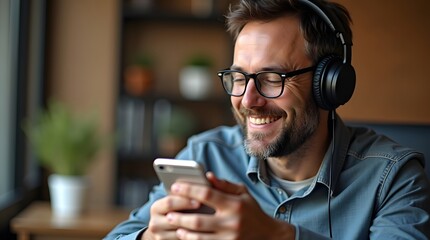 A smiling middle-aged Caucasian man wearing headphones enjoys music while using his smartphone in a cozy indoor setting.