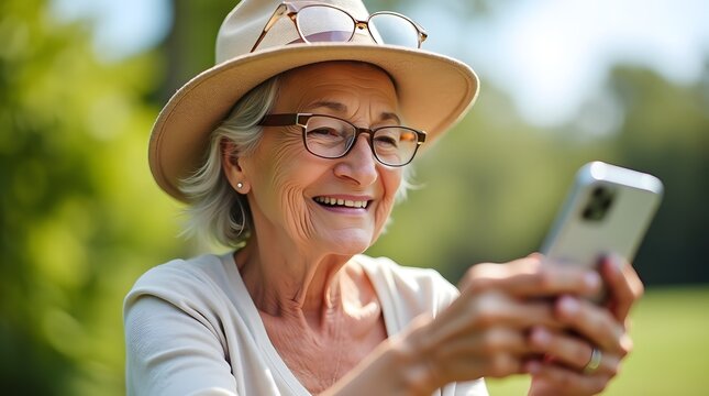 Cheerful elderly woman with gray hair and glasses, enjoying a sunny day while using her smartphone outdoors.