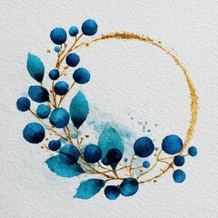 Elegant watercolor wreath design with blue berries and golden accents for decorative purposes or invitations
