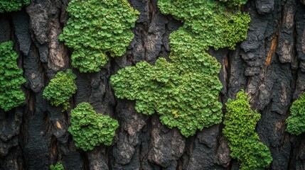 Close-up of dark tree bark with clusters of vibrant green moss