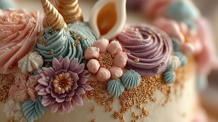 Beautifully decorated cake featuring intricate floral designs and pastel colors at a celebration event