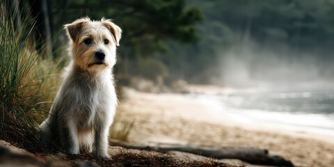 Dog sitting by the beach at dawn with mist rising from the water and trees in the background