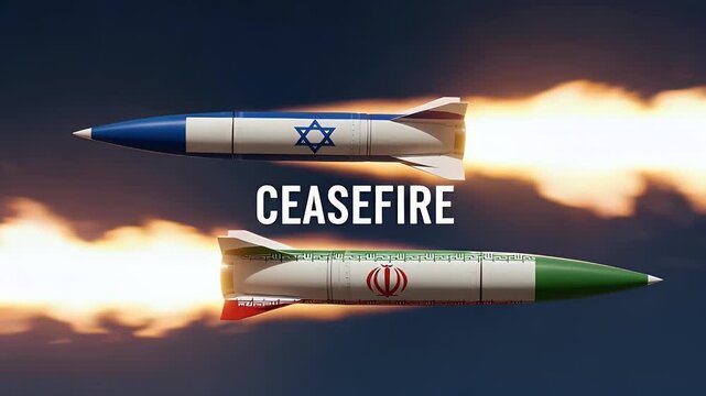 Israel and Iran Military jets passing, ceasefire text in the middle