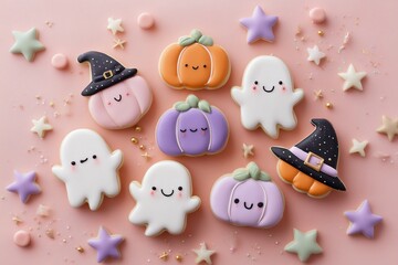 Obraz premium Cute Halloween Cookies with Ghost, Pumpkin, and Witch Designs on Pastel Background