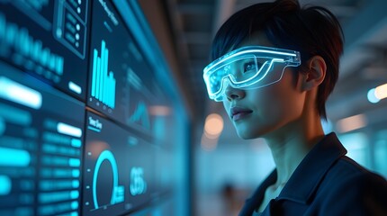 A focused female Asian professional analyzing data through futuristic augmented reality glasses.
