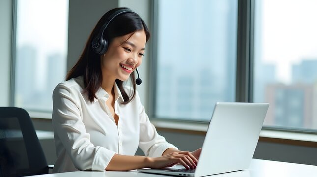 Smiling Asian woman with headset working on laptop, engaged in a virtual meeting in a bright office.